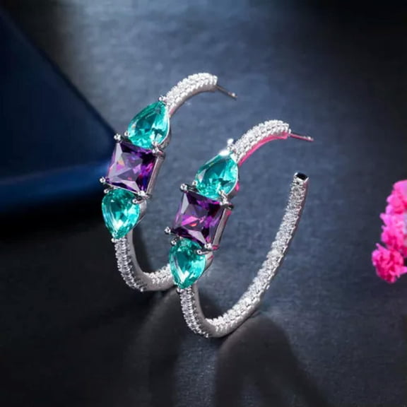 Trendy Black Gold Green Drop Purple Square CZ Large Round Hoop Earrings for Lady