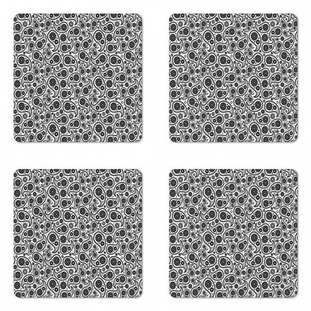 

Paisley Coaster Set of 4 Sixties Themed Design with Floral Geometrical Details Circle Backgrounded Square Hardboard Gloss Coasters Standard Size Black and White by Ambesonne