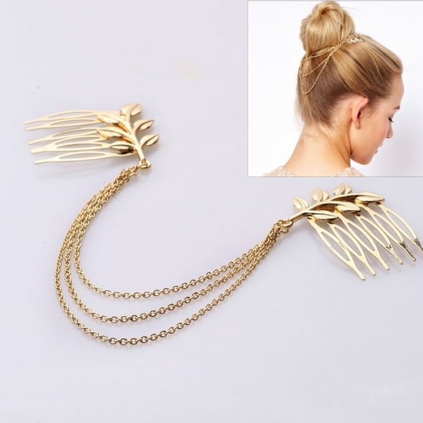 2PCS Cadena de pelo de oro con patrón de hoja de peine Diadema de estilo bohemio para mujer