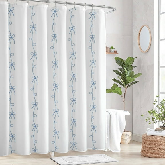TURKIO Chic White with Blue Butterfly Embroidered Shower Curtain,72x72 Inch Fabric Bathroom Decor