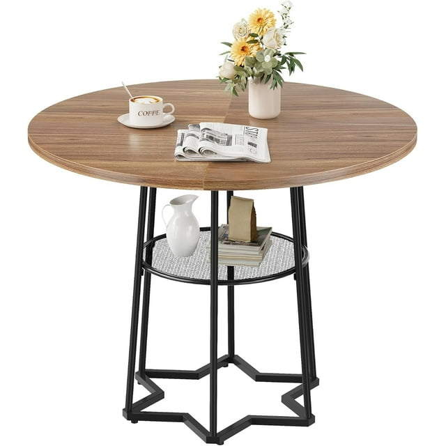 YUSAZENS Table à Manger Ronde Hexagonale de 38,6 Pouces avec Base en Métal et Filet de Rangement, Dessus en Bois Résistant aux Rayures de 1,2 Pouces d'Épaisseur, Table de Cuisine pour Petit Espace, Brun