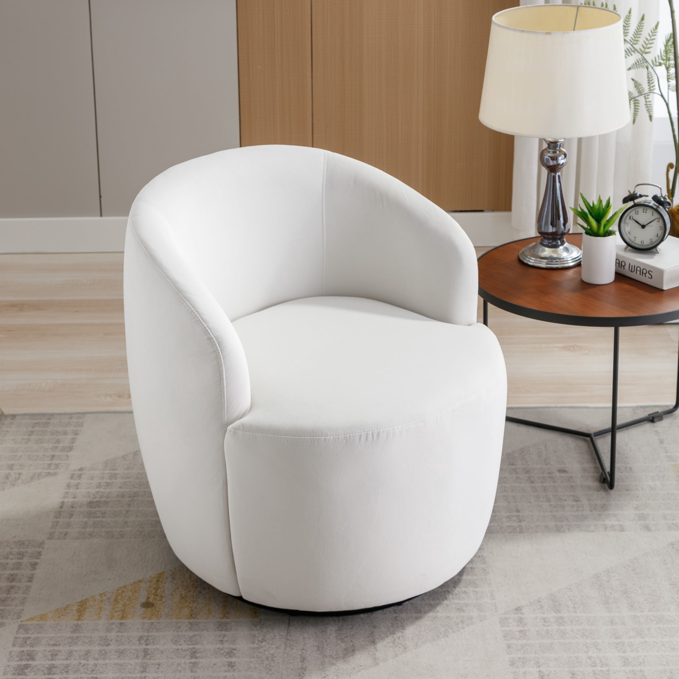 Noble House Arissa 26" Velvet Ergonomic Barrel Armchair, Swivel Reading Chair with Metal Base for Living Room, White
