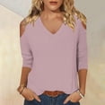 thumbnail image 2 of YABCSAZ Women's 3/4 Sleeve Tops Solid Color Slim Fit Shirts V Neck Cold Shoulder Elegant Pullover Tunic T-Shirts, 2024 Clothes Basic Going Out Tops Summer Saving Clearance!, 2 of 6