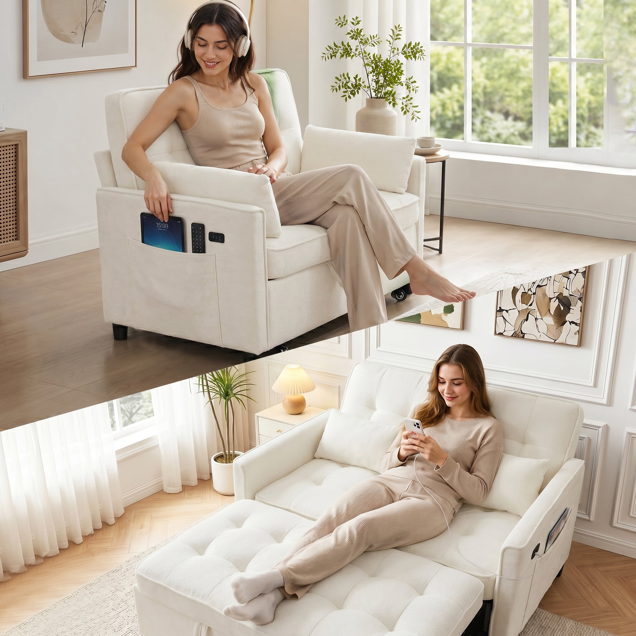 avobird 55'' 3 in 1 Pull Out Sofa Bed, Convertible Couch with Adjustable Backrest/Side Pockets/USB Charging Ports, Sleeper Sofa for Living Room, Beige