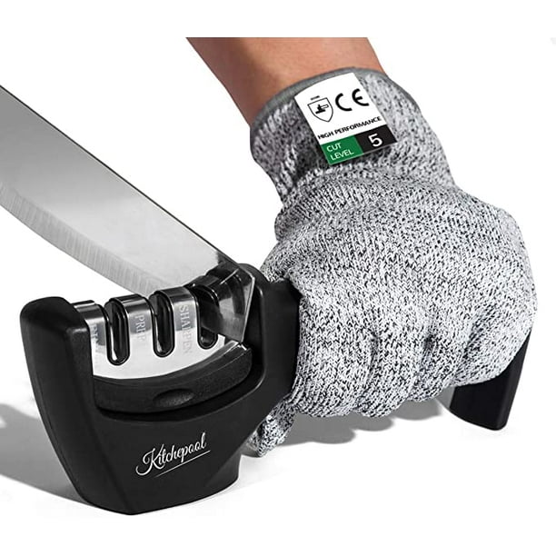 4in1 Knife Sharpener Kit with CutResistant Glove, 3Stage Quality