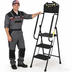 LevLad 3-Step Folding Ladder with Dual Handrails and Tool Bag