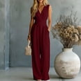 thumbnail image 2 of FASHOFT Womens Jumpsuits Solid Color Sleeveless V Neck Waist Cinched Design Wide Leg With Pockets One Piece Casual Romper For Daily Wear Jumpsuits, 2 of 5