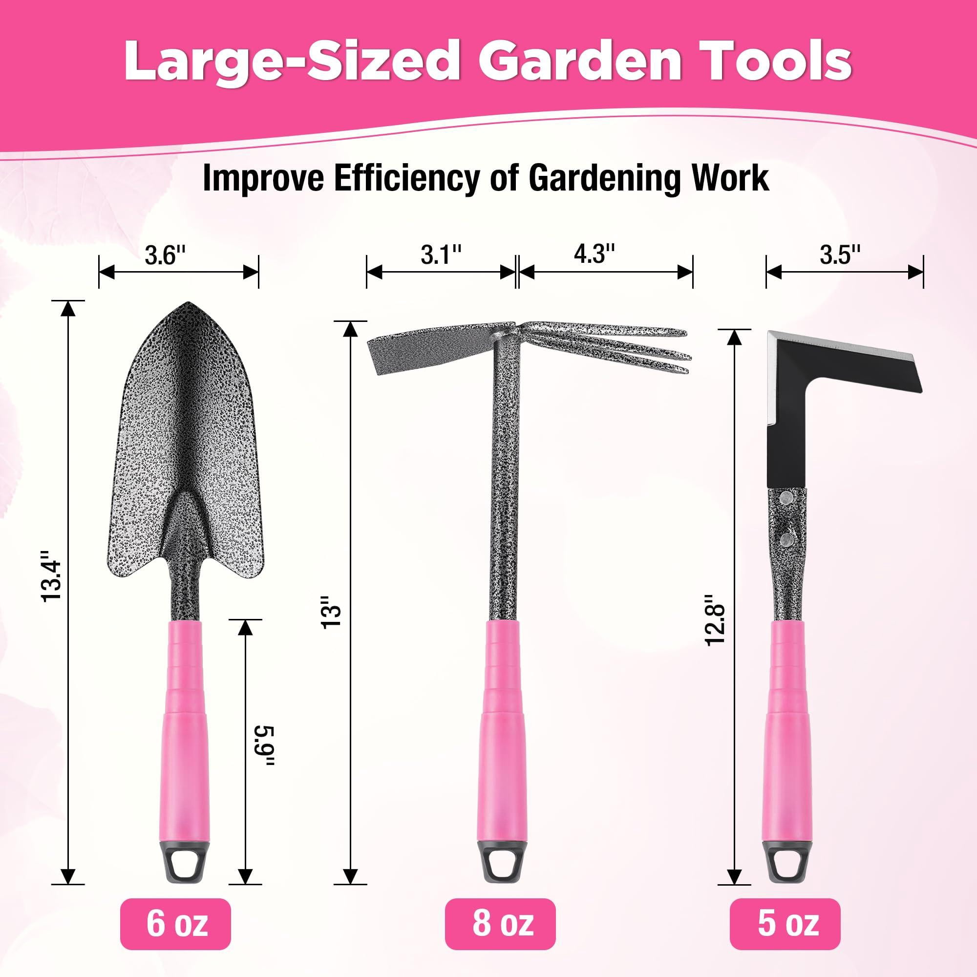 6-piece Pink Garden Tool Set  Heavy Duty Gardening Hand Tools With Soft Rubber Handle Including Trowel Rakes 2-in-1 Hoe And Crack Weeder Ideal Gifts For Men Women