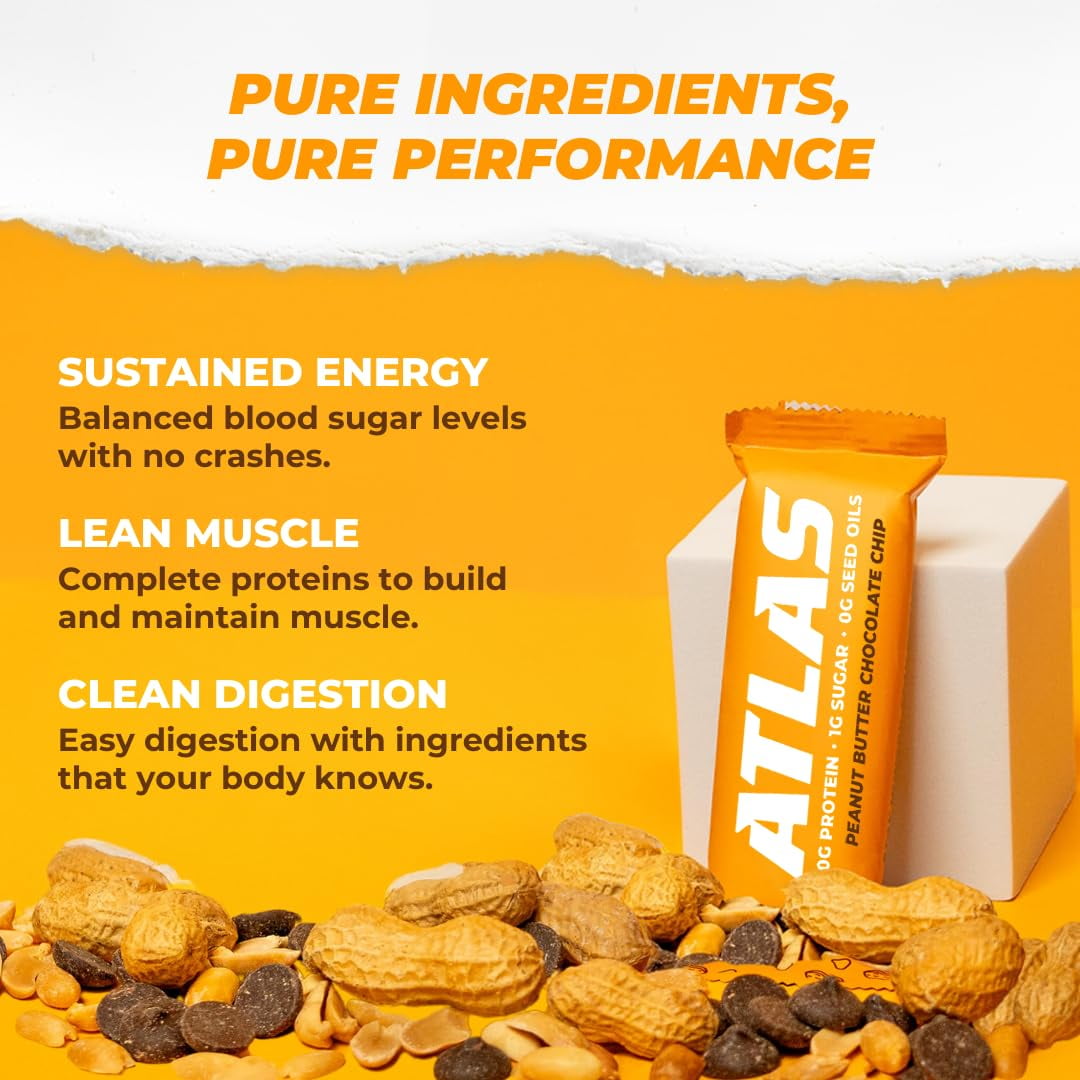 Atlas Protein Bar, Peanut Butter Chocolate Chip, 20g Protein, 1g Sugar, 0g Seed Oil, 12-Pack
