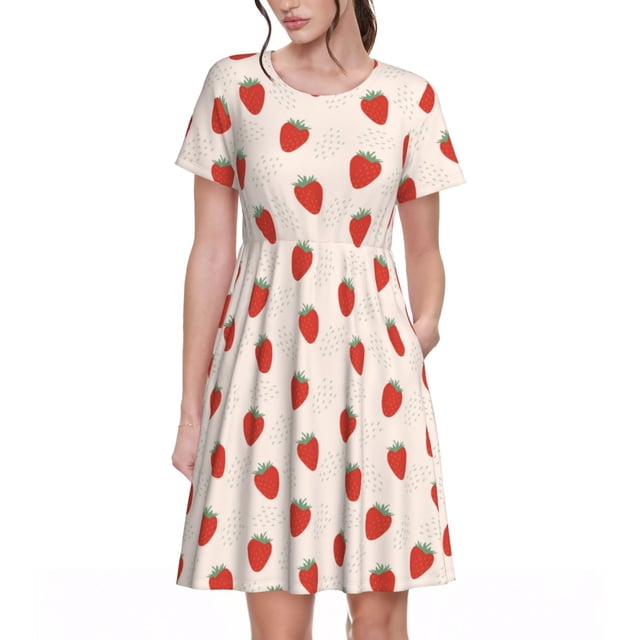 Disketp Hand Drawn Strawberry para Vestido de Manga Corta para Mujeres, Vestidos de Verano para Mujeres, Casual y Holgado para la Playa