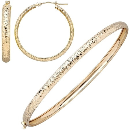 Simply Gold 10kt Yellow Gold Crystal Diamond Cut 4mm Bangle and 4mm x 30mm Hoop Earrings Set