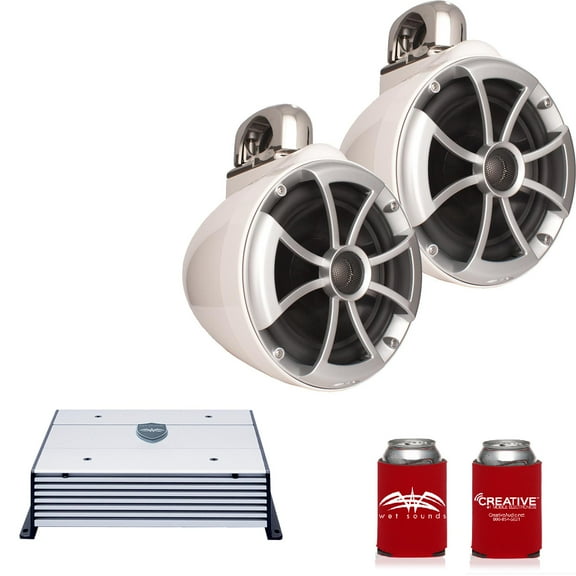 Wet Sounds ICON8W-FC 8" White Tower Speakers with Stainless Steel Fixed Clamps & HTX2 600 Watt Amplifier