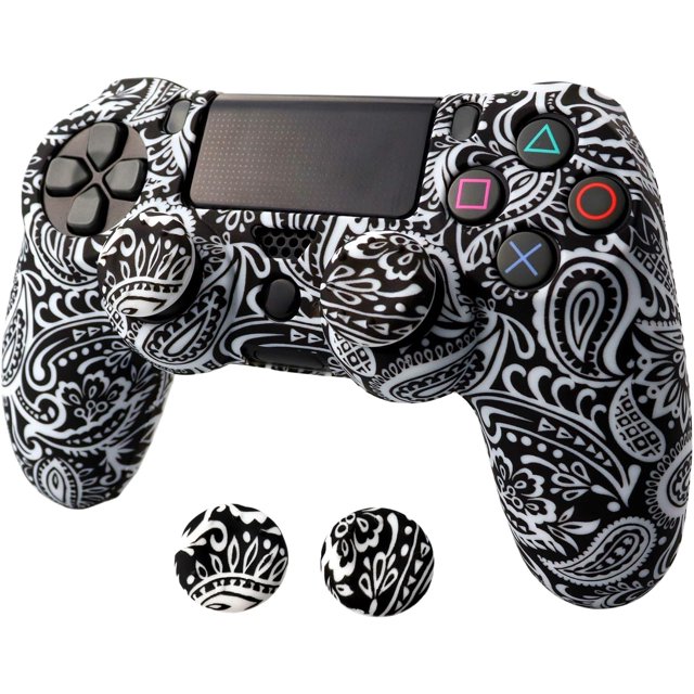 HAHDAXIA Skin for Ps4 Controller, Anti-Slip Silicone Shell Cover Case with 2pcs Thumb Grip Caps for PS4/ Slim/Pro Dualshock 4 Controller Wireless Gamepad (BK&White Pattern)