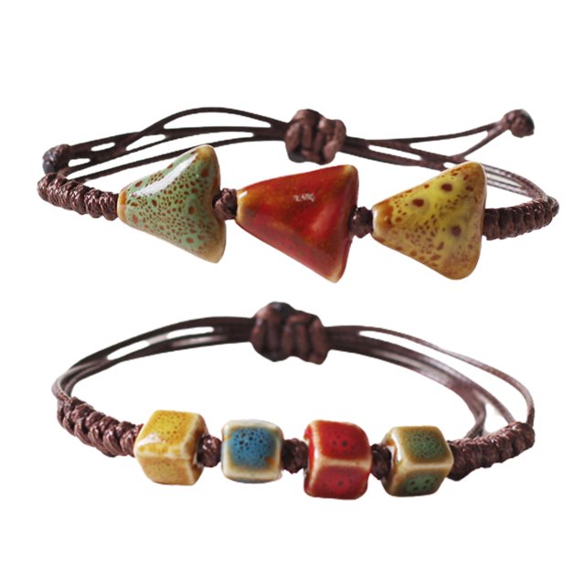 Paquete de 2 pulseras de cerámica colorida, cadena de mano de estilo étnico simple para mujeres y niñas, regalo para ella y él