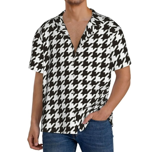 Fotbe Houndstooth Black And White Camisa Estampada de Manga Corta para Hombre, Casual de Verano, Estilo Playero, Sin Arrugas-Large