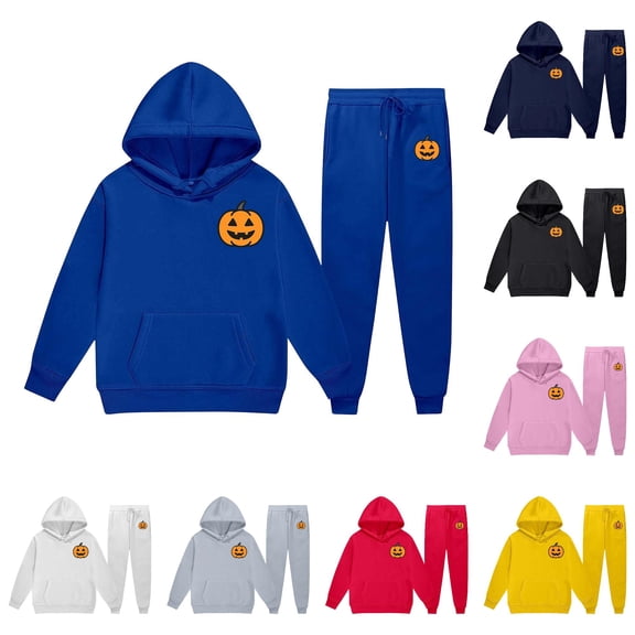 JAJAHO Kids Sweatsuits 2 Piece Halloween Outfits Sizes 2-13 Pumpkin Print Hoodie And Sweatpants Set Fall Winter Tracksuits