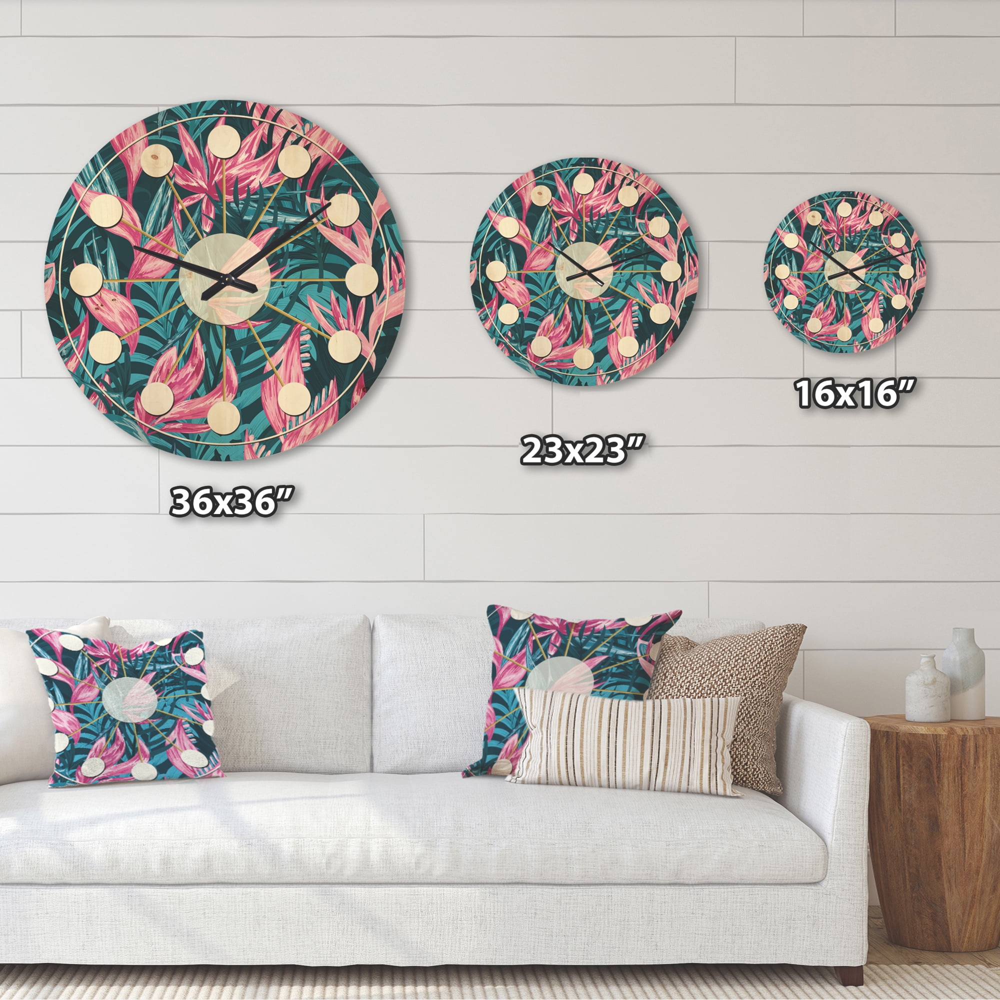 Designart 'Tropical Flowers I' Mid-Century Modern Wood Wall Clock