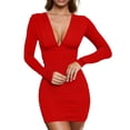 thumbnail image 2 of Robe Courte Moulante Froncée à Manches Longues et Col en V pour Femme, Rouge, TP, 2 of 8