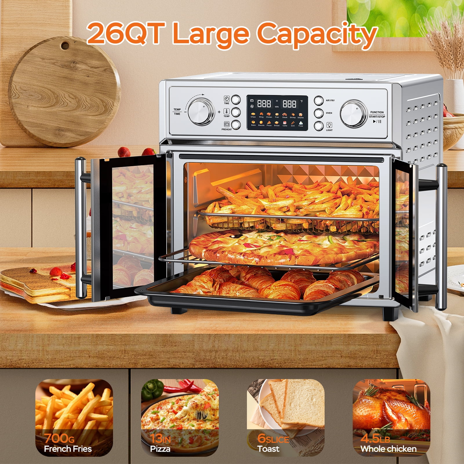 27.5QT Smart Double-Door Air Fryer Oven – 14 Presets, 3-Layer Baking, Multi-Function for Family Feasts