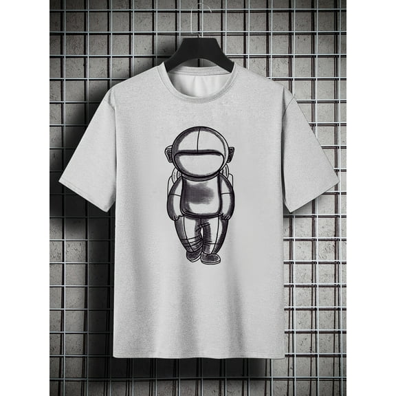 Men's Plus Size Spaceman Pattern Plain Color Short Sleeve Crew Neck T-shirt, Oversized Casual Clothing For Big And Tall Guys