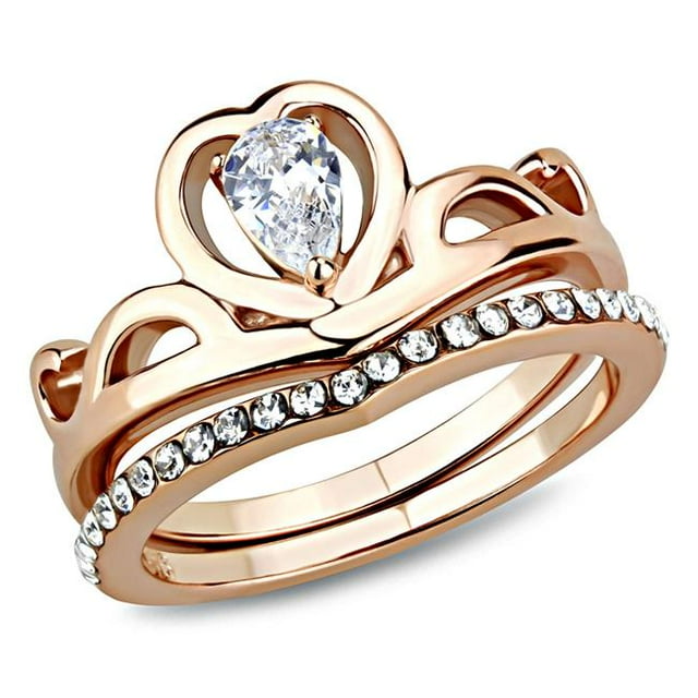 Bague en Acier Inoxydable Rose Doré pour Femmes avec Grade AAA CZ en Transparent - Taille 10