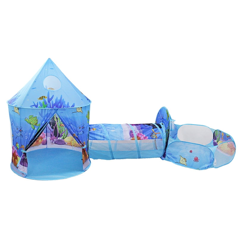 3 in 1 Portable Toddler Kids Play Tent House Crawl Tunnel Ball Pit In/Outdoor with PopUp Playhouse Tent, Basketball Hoop Set for Kids, Polyester