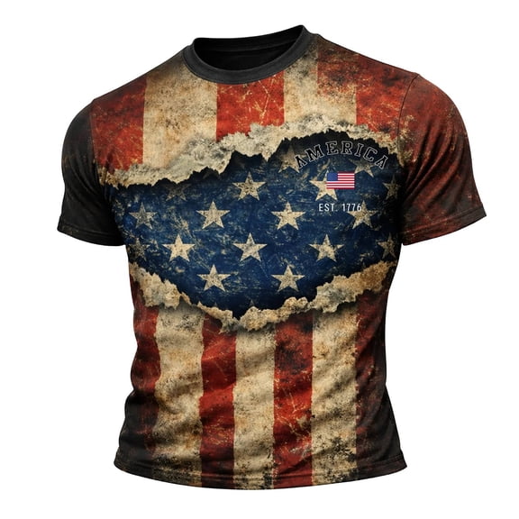 CUSTG Men T-Shirts O-Neck Patriotic Graphic T Shirt For Short Sleeve Tee Casual Crewneck Shirt Independence Day USA Design Celebrate America's 250th Anniversary Leisure 1776-2026 4th Of July Tops