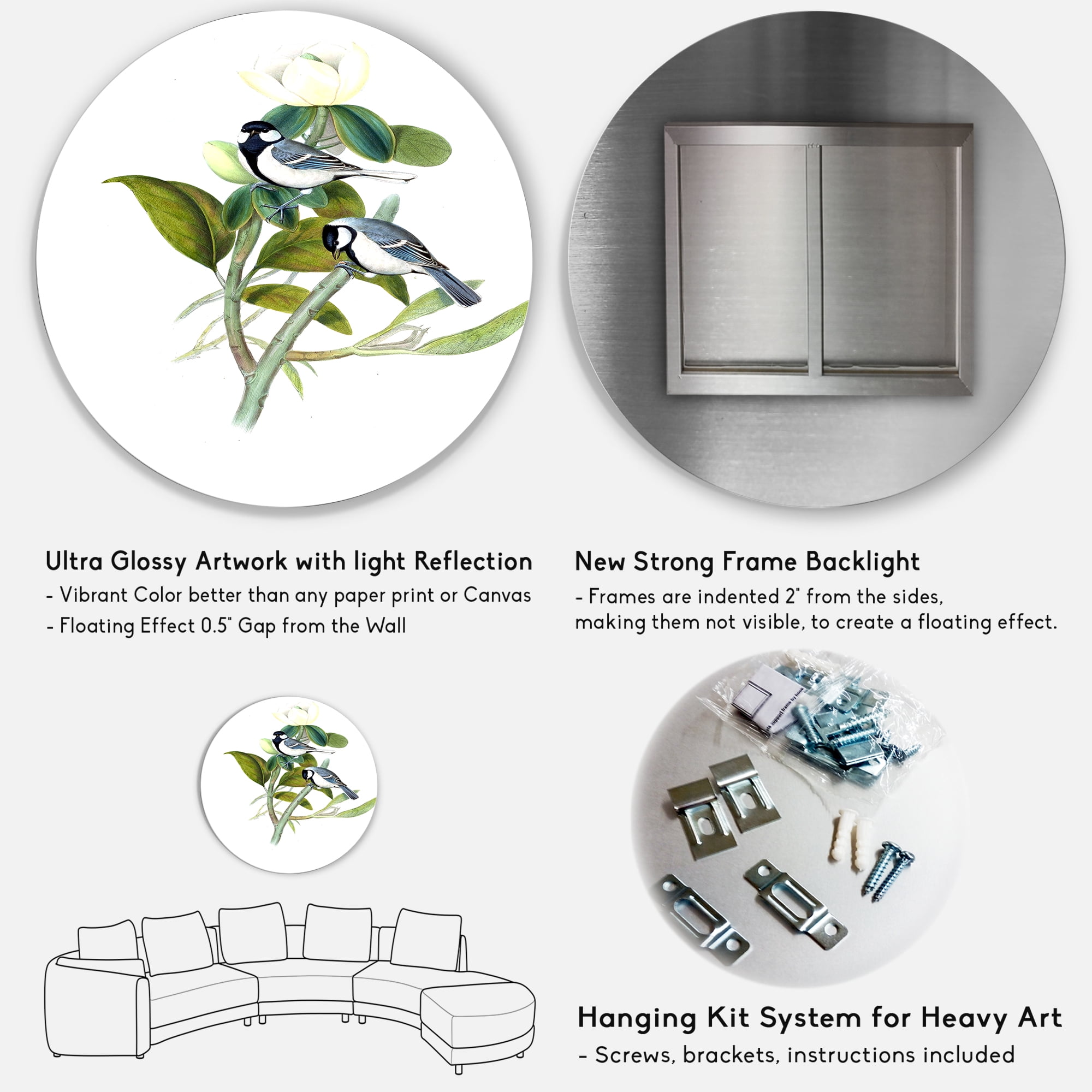 Designart 'Vintage Countryside Birds On Branch I' Farmhouse Circle Metal Wall Art 36x36 - Disc of 36