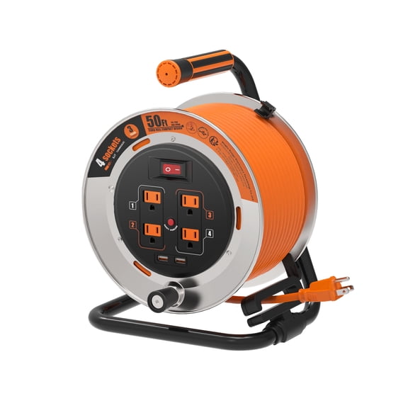 Hongyi 50ft Heavy Duty Extension Cord Reel with 4-Outlet 2-USB, Power Switch, Metal Frame, Overload, 12AWG/3C, SJT Cable