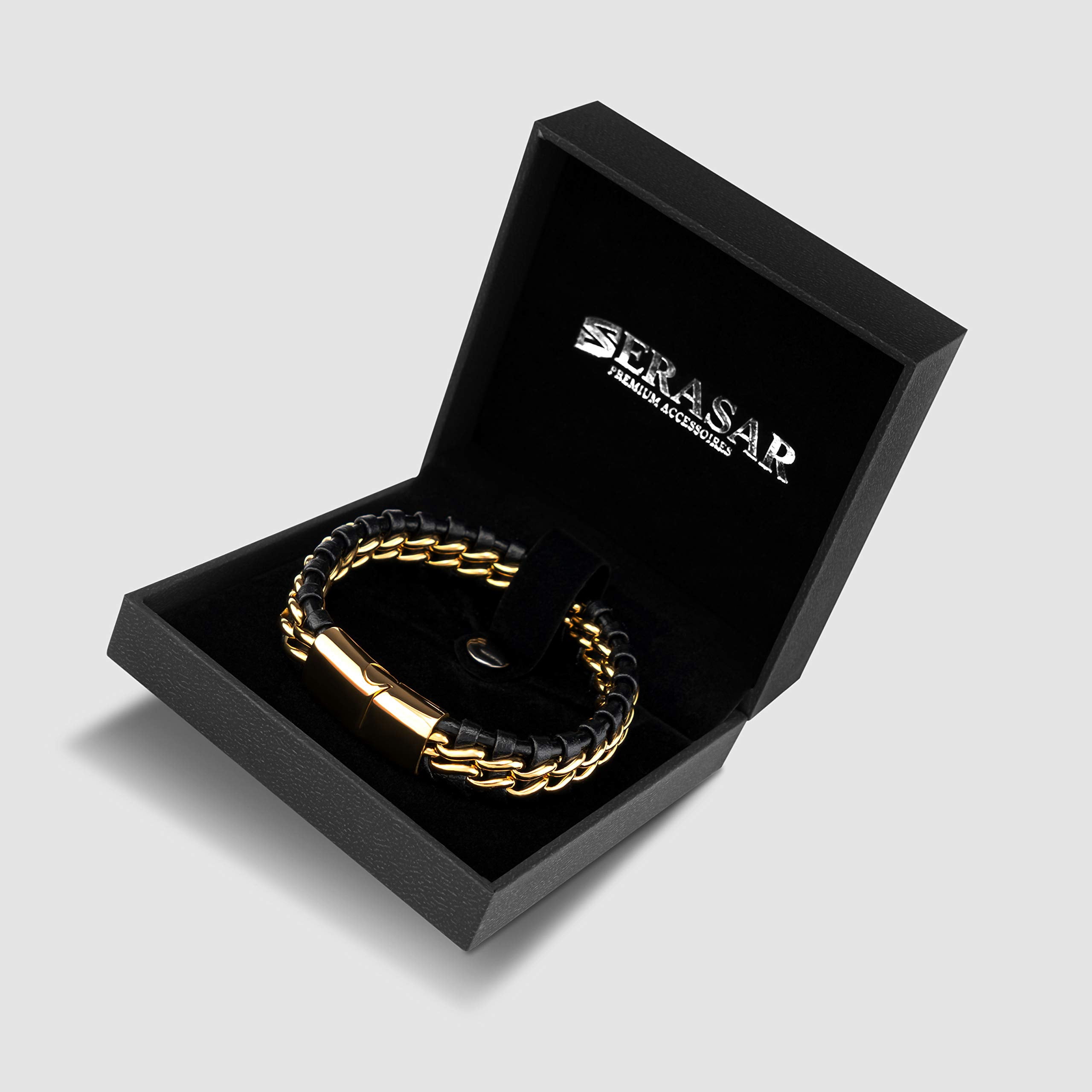 SERASAR Leather Bracelet for Men "Steel" with stainless steel magnetic closure, Gold 23cm, including gift box