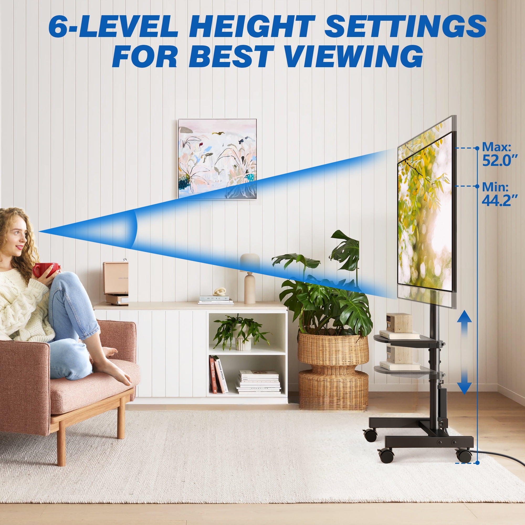 RTVR Rolling TV Stand with Power Outlet for 13-50 inch Flat Screens, Portable Floor Mobile TV Cart Stand with Storage Shelf, 90° Rotation