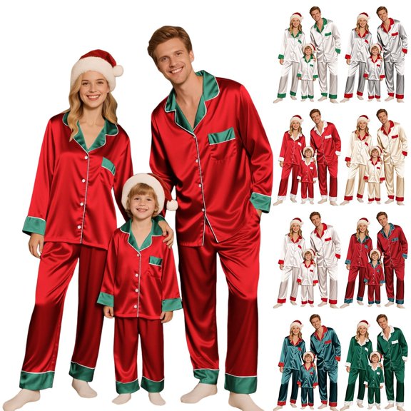 YWMJI Family Satin Christmas Pajamas Sets Silk Xmas Pjs Matching Sets Soft Sleepwear for Mens Long Sleeve Notch Collar Loungewear Sleepwear Holiday Nightwear Jammies Button-Down Pj Set Red L