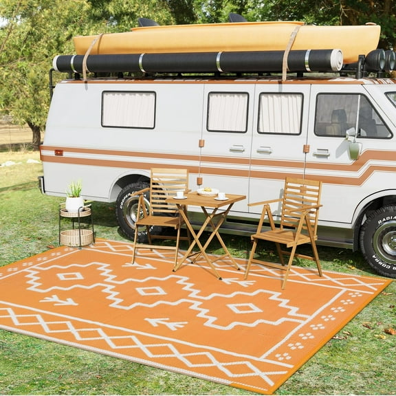 Wonnitar 5x8 Waterproof Outdoor Rugs, Plastic Straw Rug for Outside, Portable RV Outdoor Rugs for Camping, Orange Boho Carpet for Patio Garden