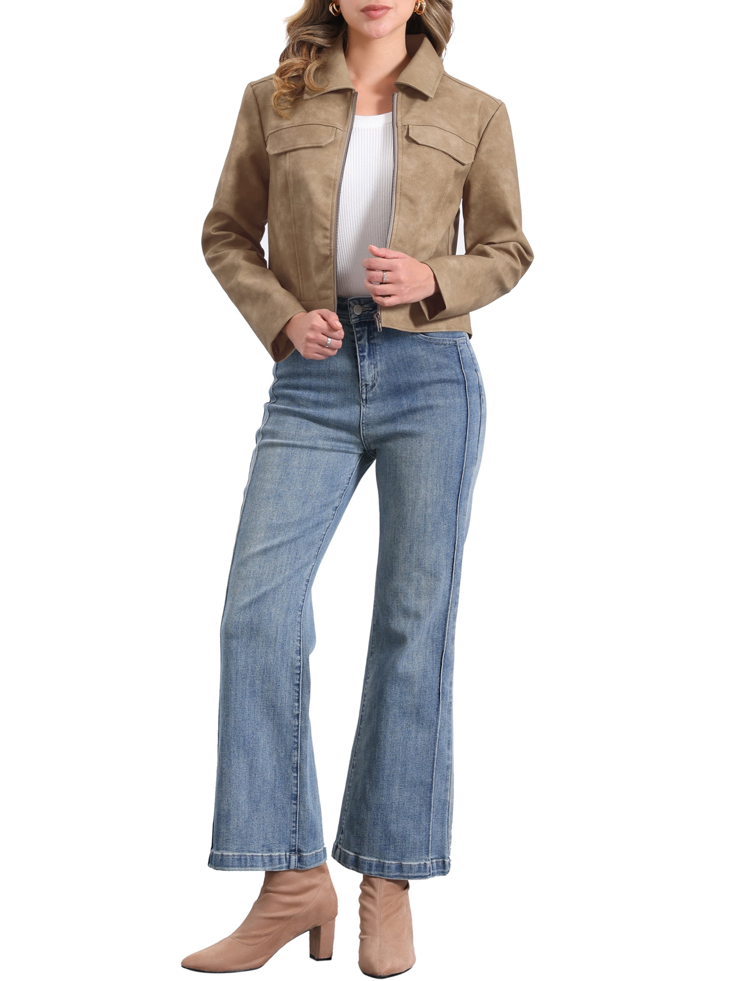 INSPIRE CHIC Women's Faux Leather Jacket Turndown Collar Long Sleeve Zip Jackets XS Tan