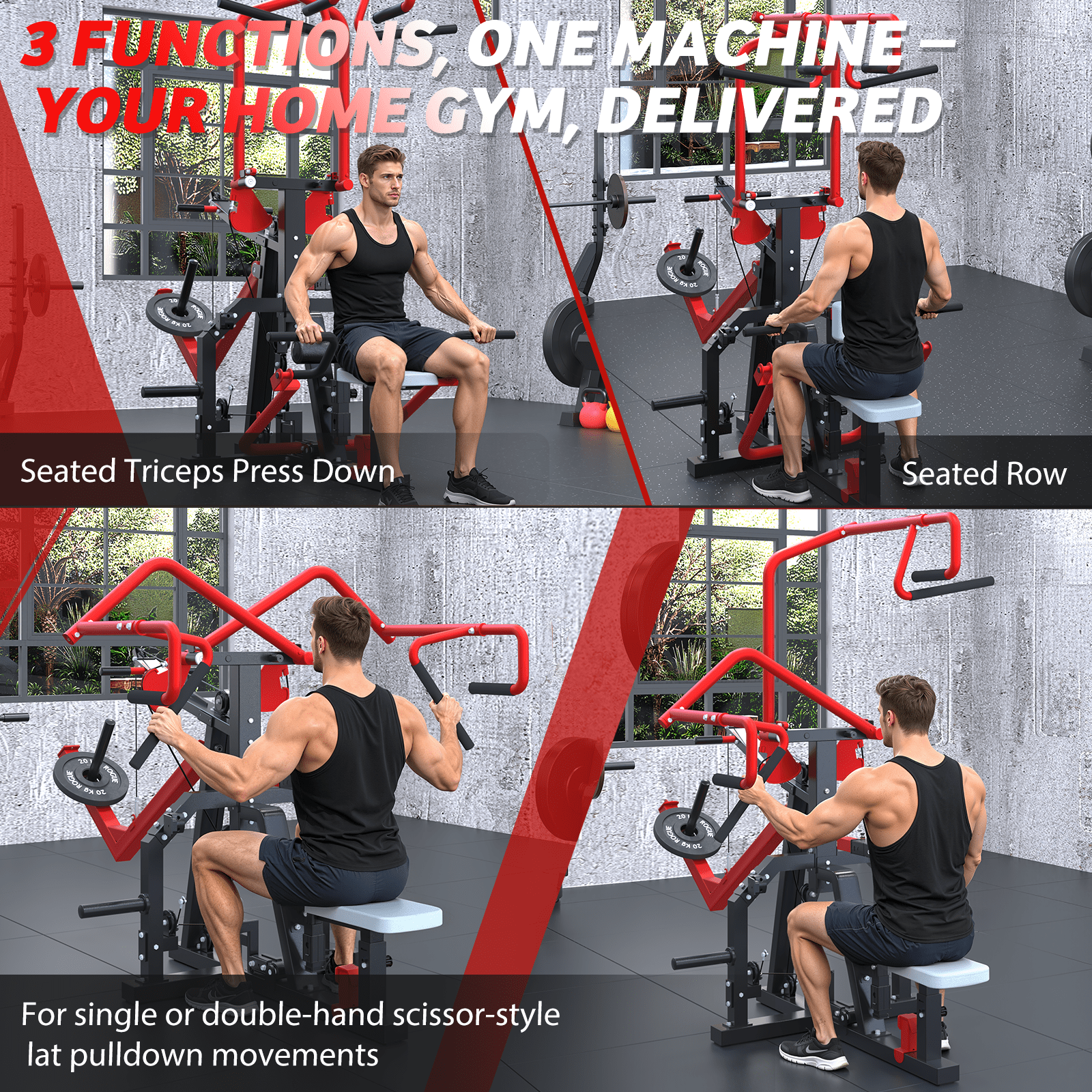 YODOLLA 3-in-1 LAT Pull Down Machine, Scissor-Style Back Workout Machine with Seated Row & Tricep Training, Plate Loaded LAT Tower with Cable Row Attachment for Home Gym