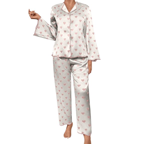 ManxiVoo Printed Satin Pajama Set Long Sleeve Top and Pants Comfortable Sleepwear for Women L Size Beige