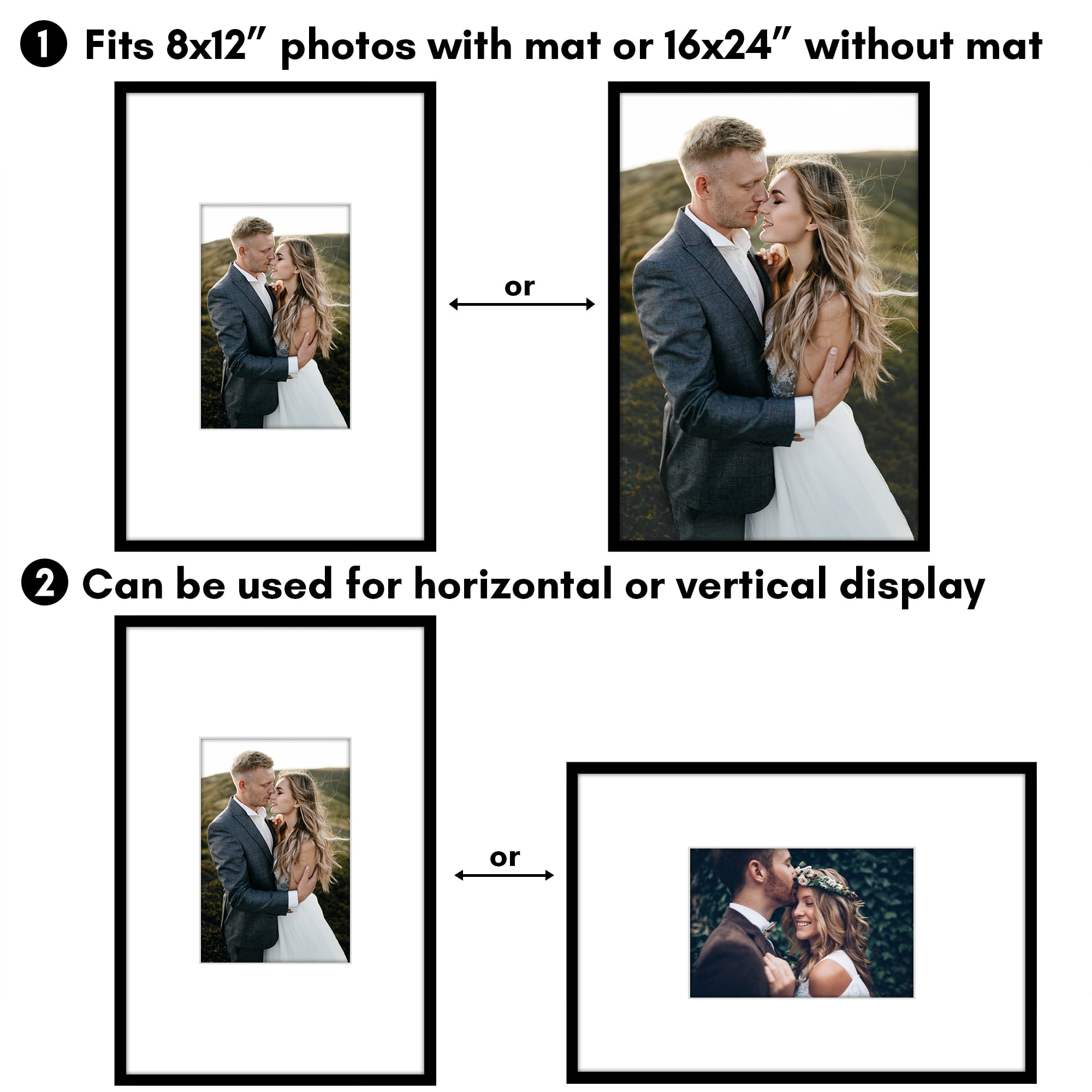 Americanflat 16x24 Poster Frame with Polished Plexiglass with 8x12 Mat Display Photo Streamline Thin - Black