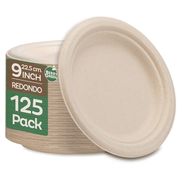 125 Platos Desechables, 100% Compostable Ecológico 22.5 cm/ 9 x 9 Pulgadas Berry Green PLR9N
