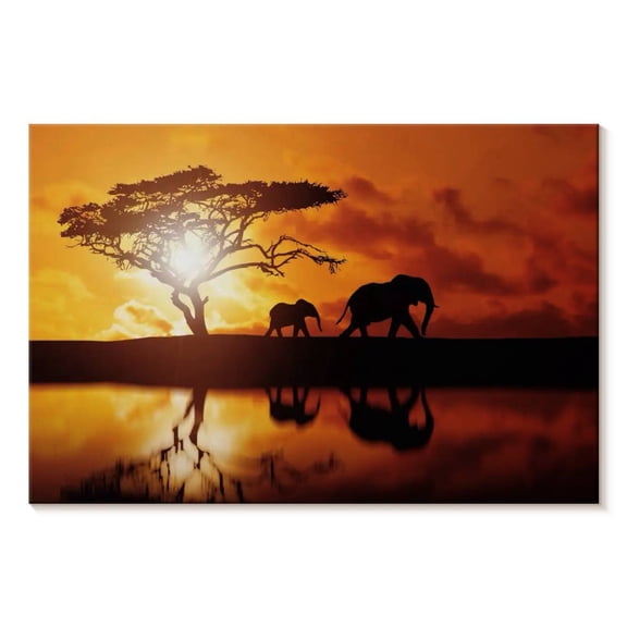 Elephant Stock Elephant Silhouettes At Sunset Wall Art - Horizontal Canvas Wall Art - Living Room Wall Decor - Animal Canvas - Orange And Brown Decor - 12" x 8"