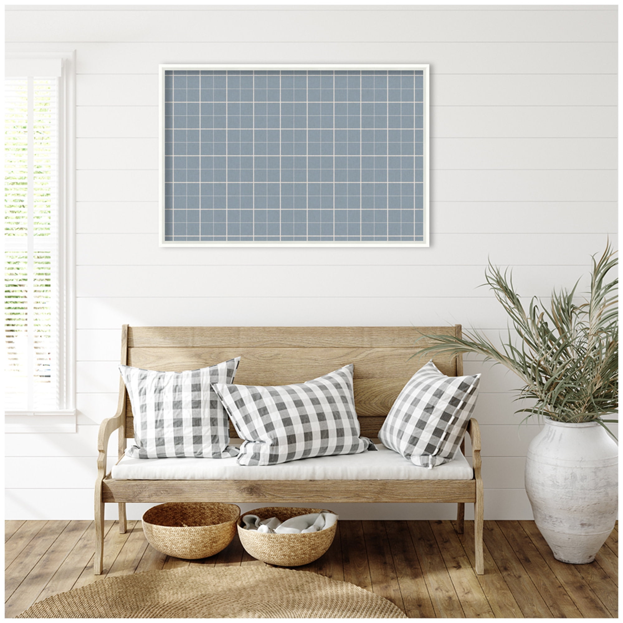 Kate and Laurel Framed Fabric Pinboard 37 x 25, Light Blue Plaid Printed Linen Modern Bulletin Board for Use as a Vision Board or Wall Organization, Lucie White Frame