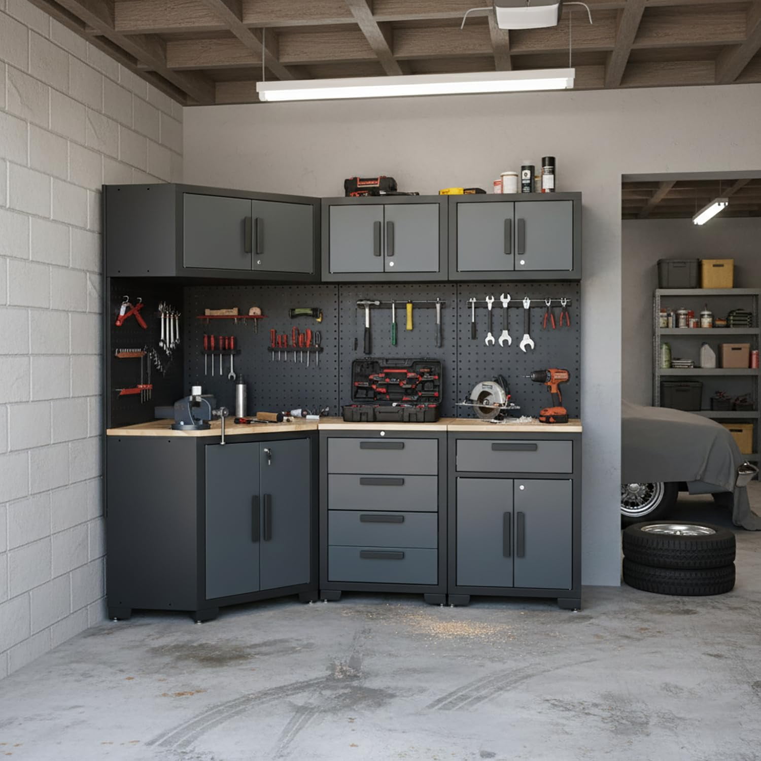 HPDMC Garage Storage Cabinet System 8-Pcs Garage Cabinets and Storage System Corner Workshop Set with Corner Cabinet, Cabinet Drawers, Workbench, Pegboard for Tool Organization, Black and Grey