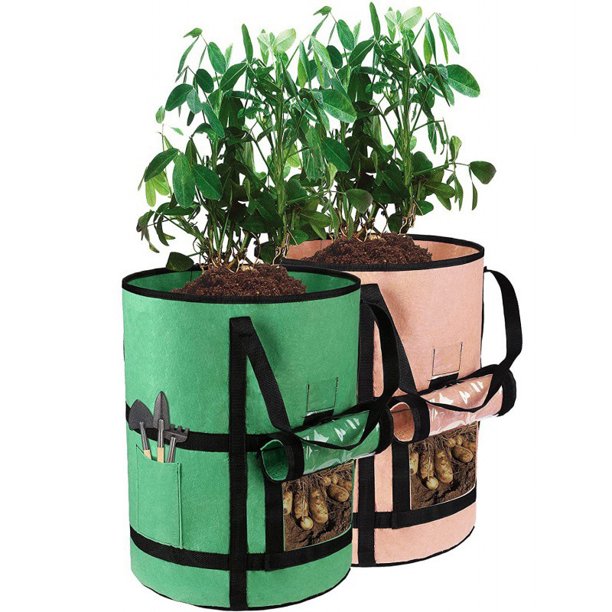 Paquete de 3 bolsas de plantación de 10 galones con ventana de cosecha - Bolsas de plantación de papas con asas - Macetas de tela acolchadas - Bolsas grandes para plantar en el jardín - Bolsas de pla