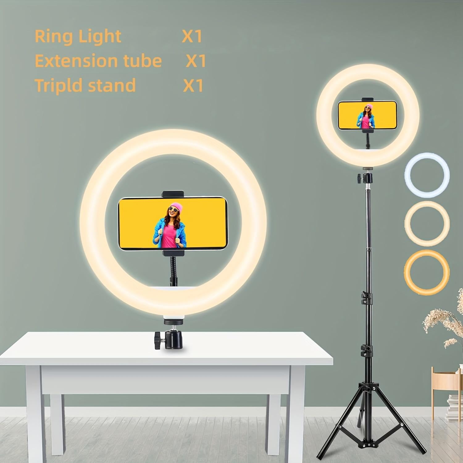 10-inch Ring Light Tripod (63 inches) with Phone Mount — 3 color modes, USB-powered, compatible with iPhone and Android phones, perfect for YouTube, makeup, and TikTok