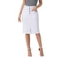 thumbnail image 1 of Falda de mezclilla midi A-line para mujer, con cintura alta, abertura frontal y stretch, color blanco, 1 of 6
