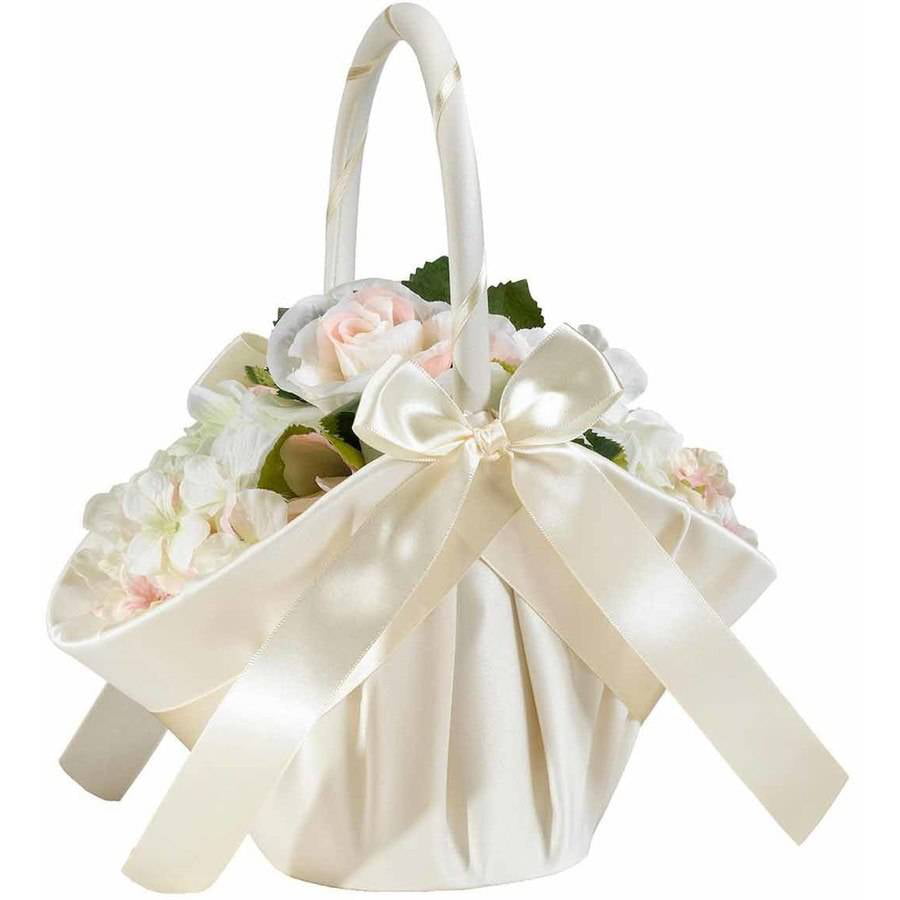 Details about  / Lillian Rose Flower Girl Basket Satin with Pearl Handles white or ivory