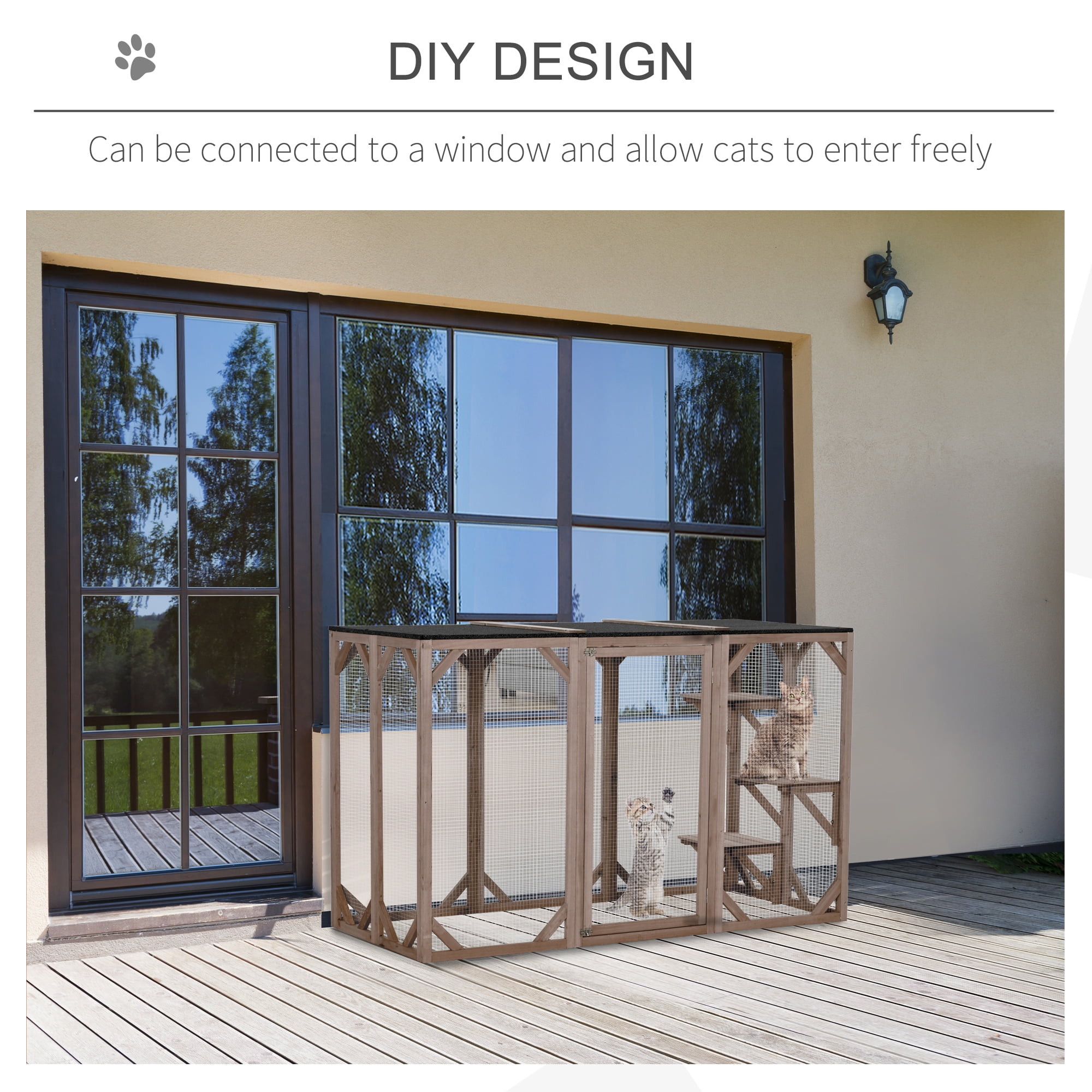 PawHut Wooden Outdoor Cat House Catio Kitten Enclosure Indoor Cage with Asphalt Roof, Multi-Level Platforms and Large Enter Door - 71"L, Brown
