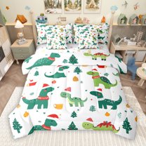 Manfei Merry Christmas 7 Pieces Bedding Comforter Set,Kawaii Green dinosaur Full Bedding Set,Happy New Year Fitted Sheet Flat Sheet For Boy Kids,Microfiber Bedroom Decor Reversible