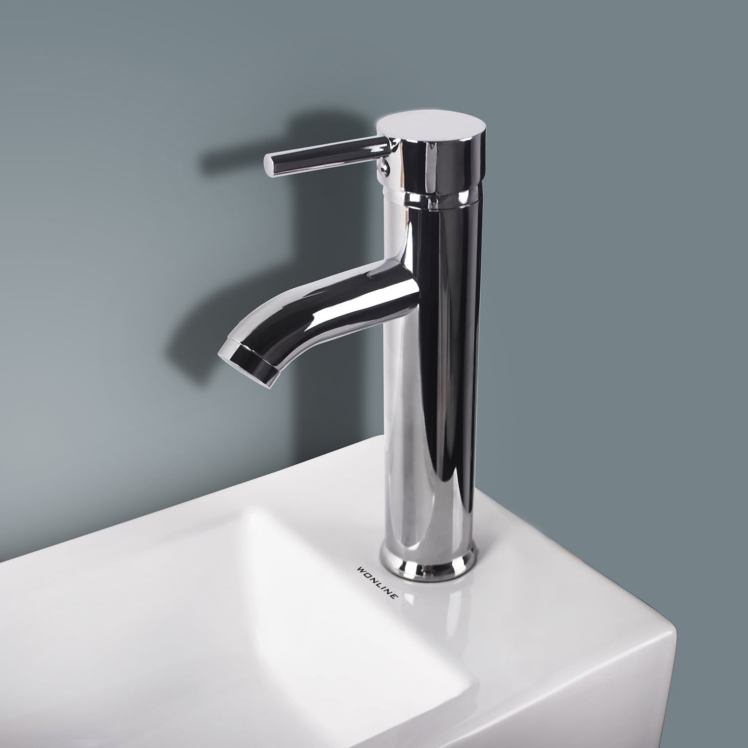 Wonline Bathroom Wall Mount Rectangle Corner Single Sink White Porcelain Ceramic Vessel Sink & Chrome Faucet Combo without P-Trap