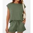 thumbnail image 5 of Womens Crew Neck Two Piece Short Sets Cap Sleeve Drawstring Summer Sweatsuit with Pocket Green L, 5 of 8