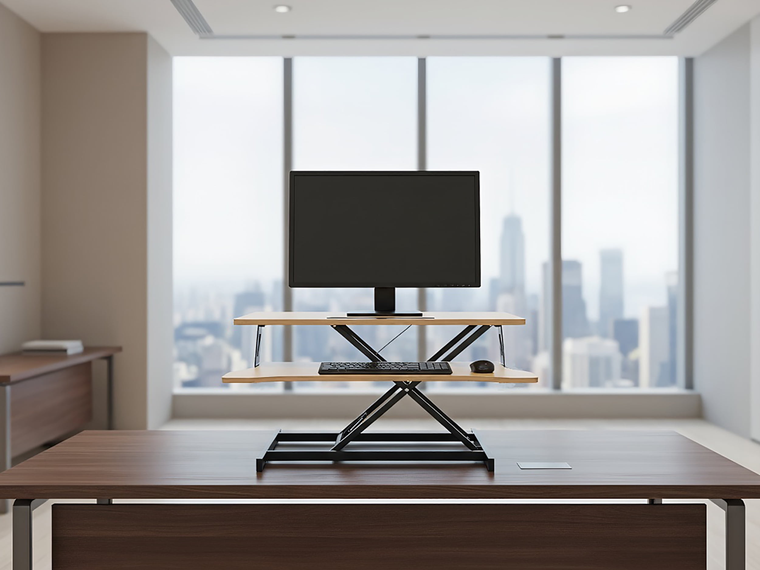 32 Inch Desk Converter, Height Adjustable Sit to Stand Riser, Dual Monitor and Laptop Workstation with Wide Keyboard Tray, Standing Computer Desk, Natural Color